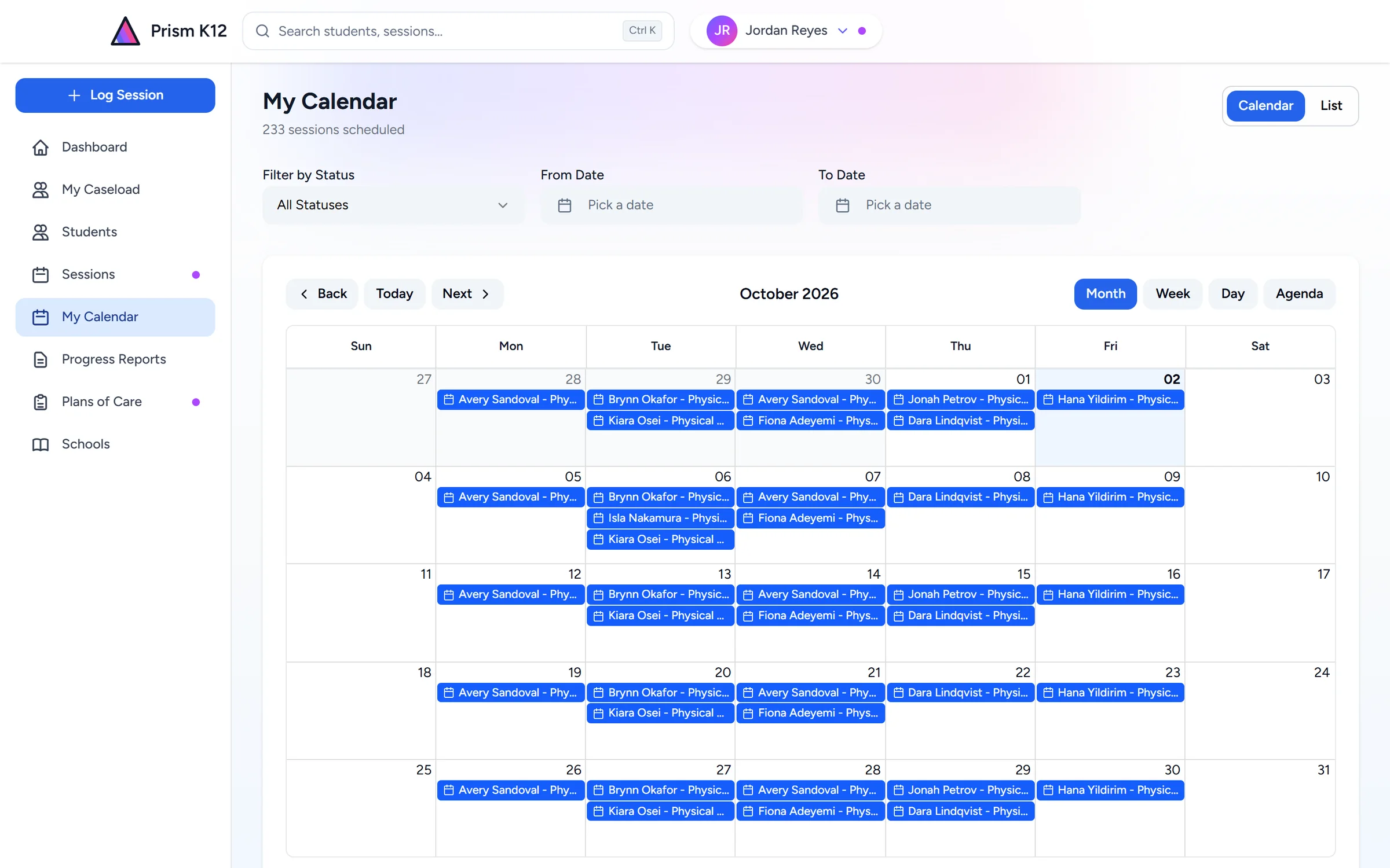 A provider's month calendar in Prism, with each school day's therapy sessions listed by student