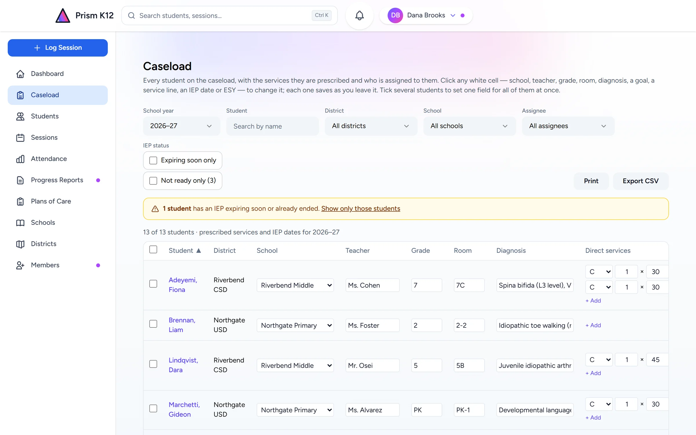 The organization caseload in Prism: every student with their district, school, teacher, grade and prescribed services, filterable by school year, district and assignee