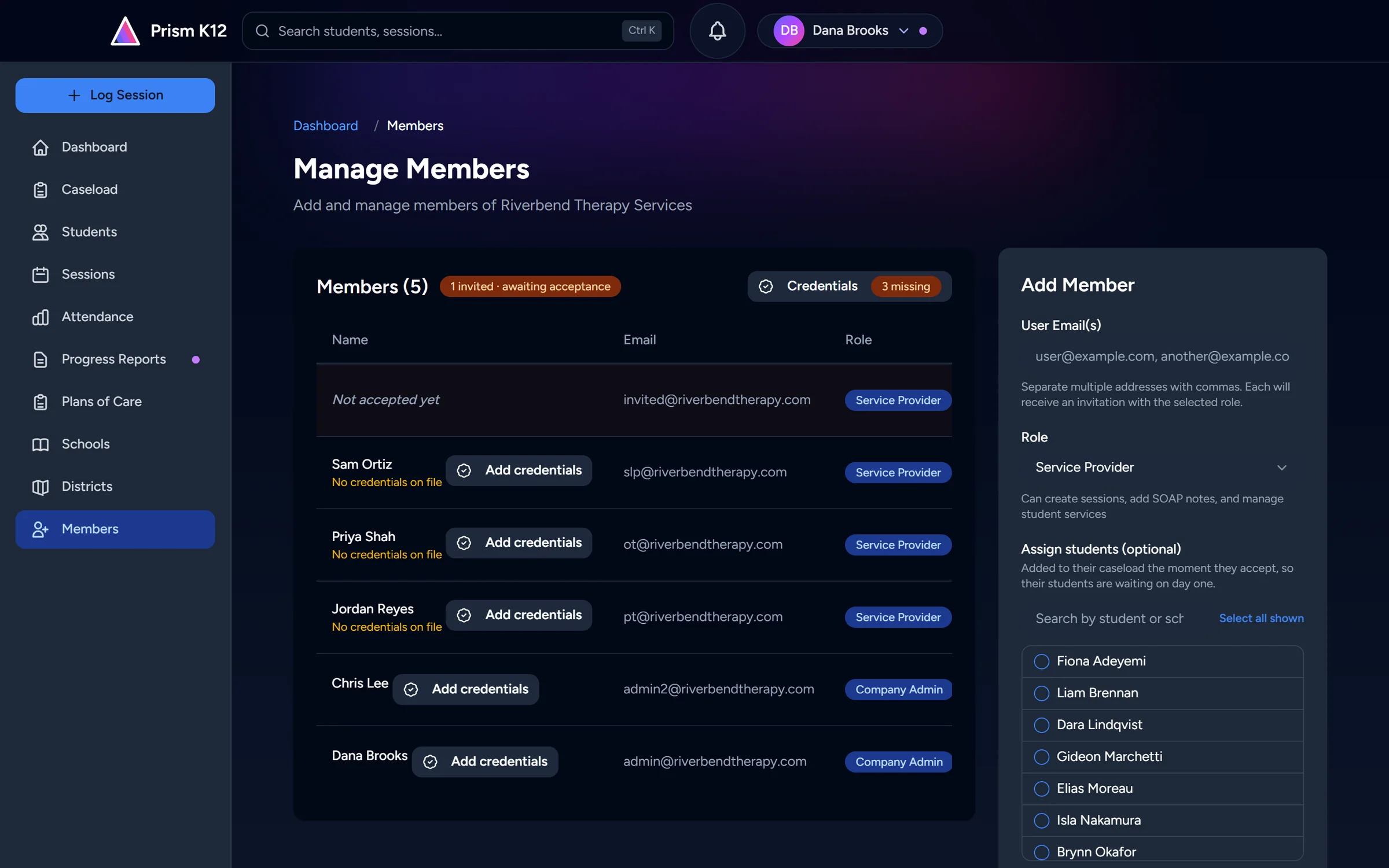 Managing an organization's members in Prism: each member's email, role and credentials on file, beside a form that invites new members with their students already assigned