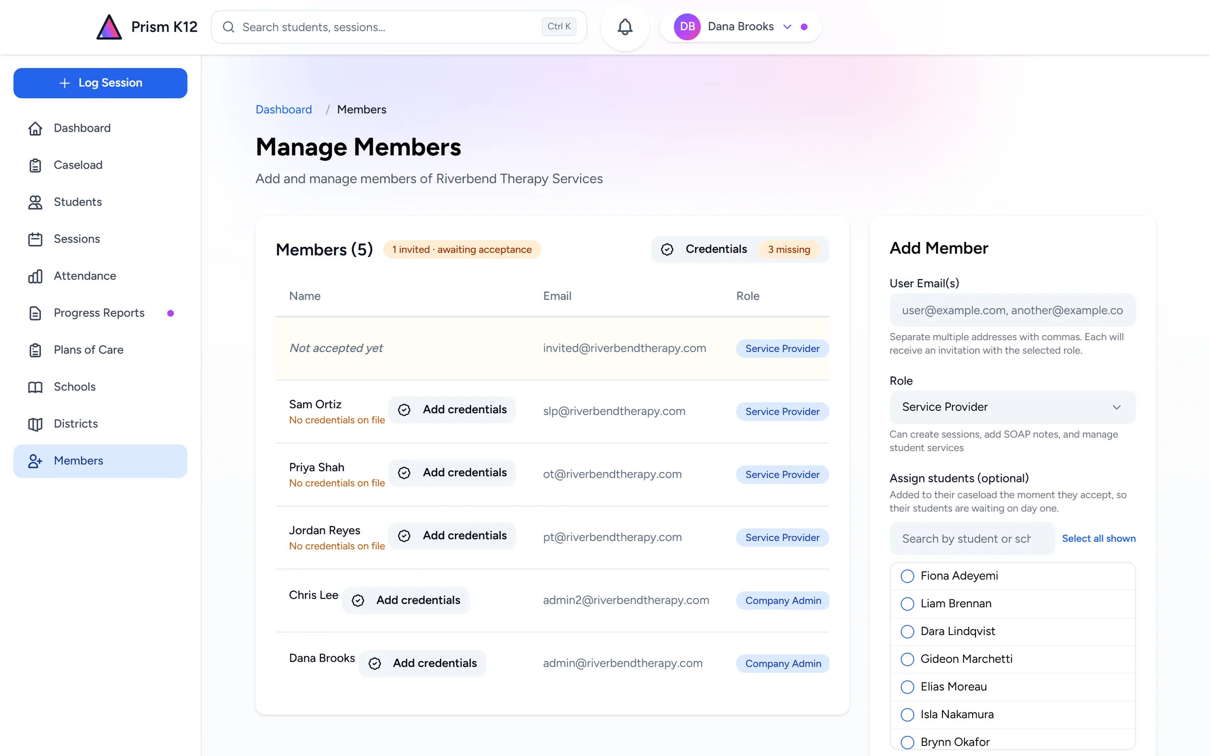 Managing an organization's members in Prism: each member's email, role and credentials on file, beside a form that invites new members with their students already assigned